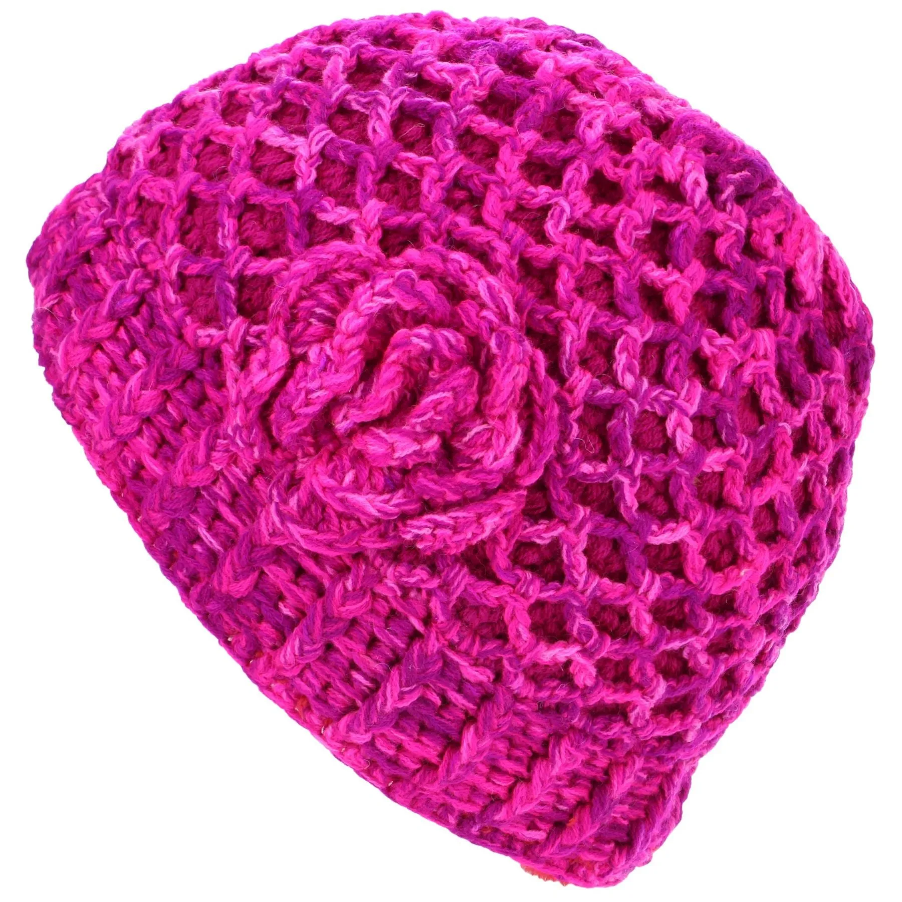 Acrylic Knit Lattice Flower Beanie Hat - Pink