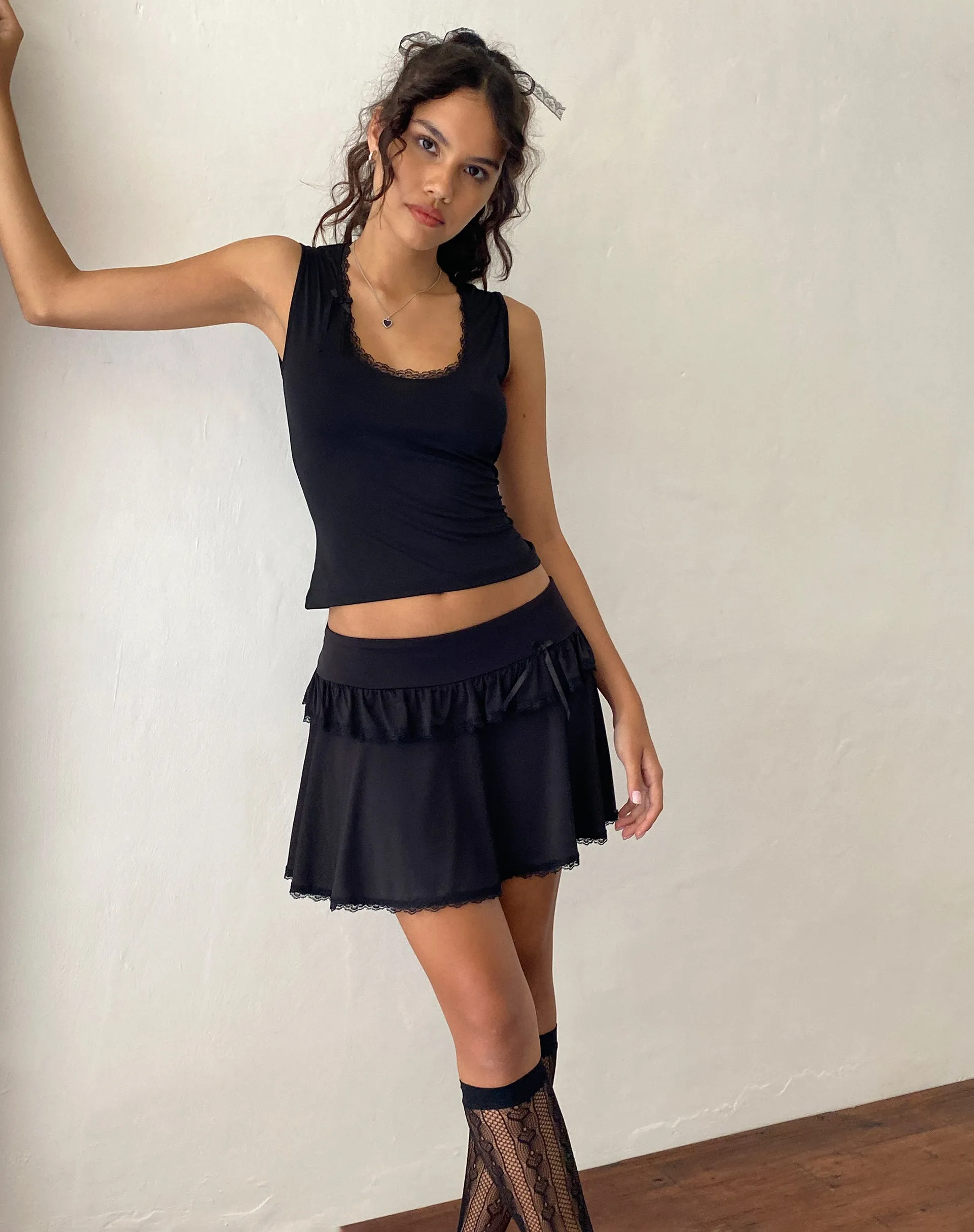 Addalyn Lace Trim Mini Skirt in Black