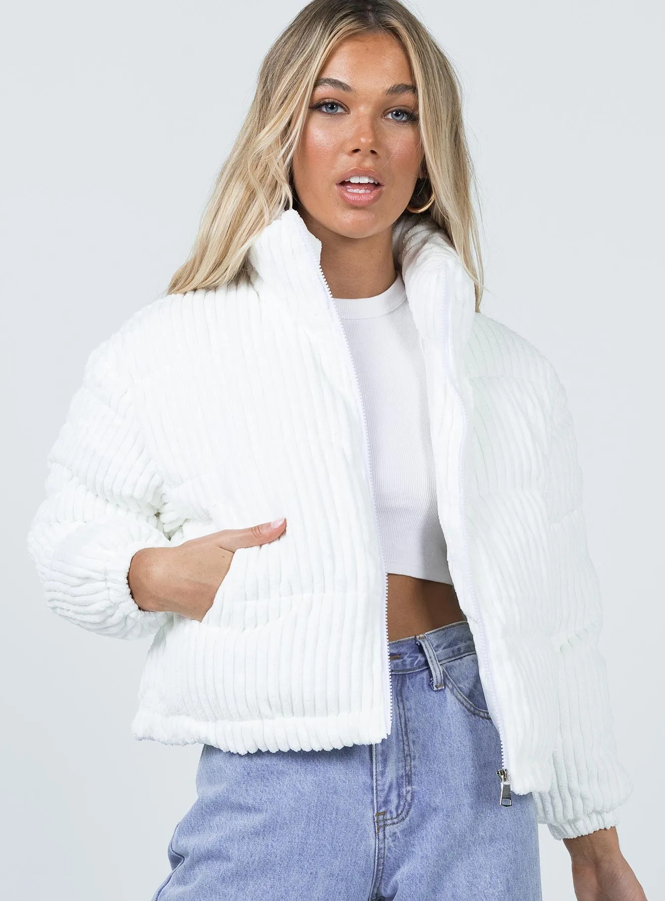 Alexa Cord Puffer Jacket White