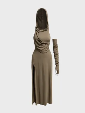 Arm Sleeves Hoodie Plain Maxi Dress