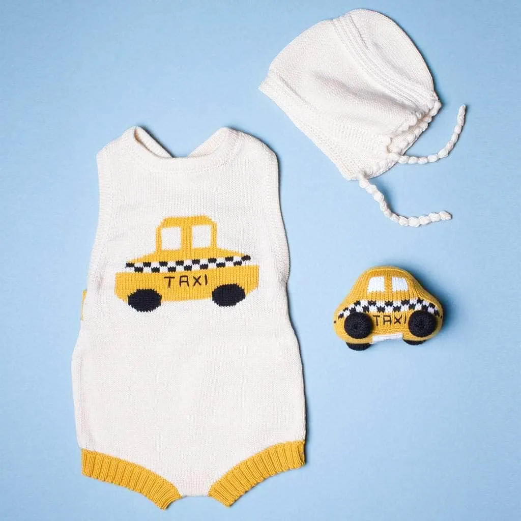 Baby Gift Set Knit Newborn Romper, Bonnet Hat & Taxi Rattle