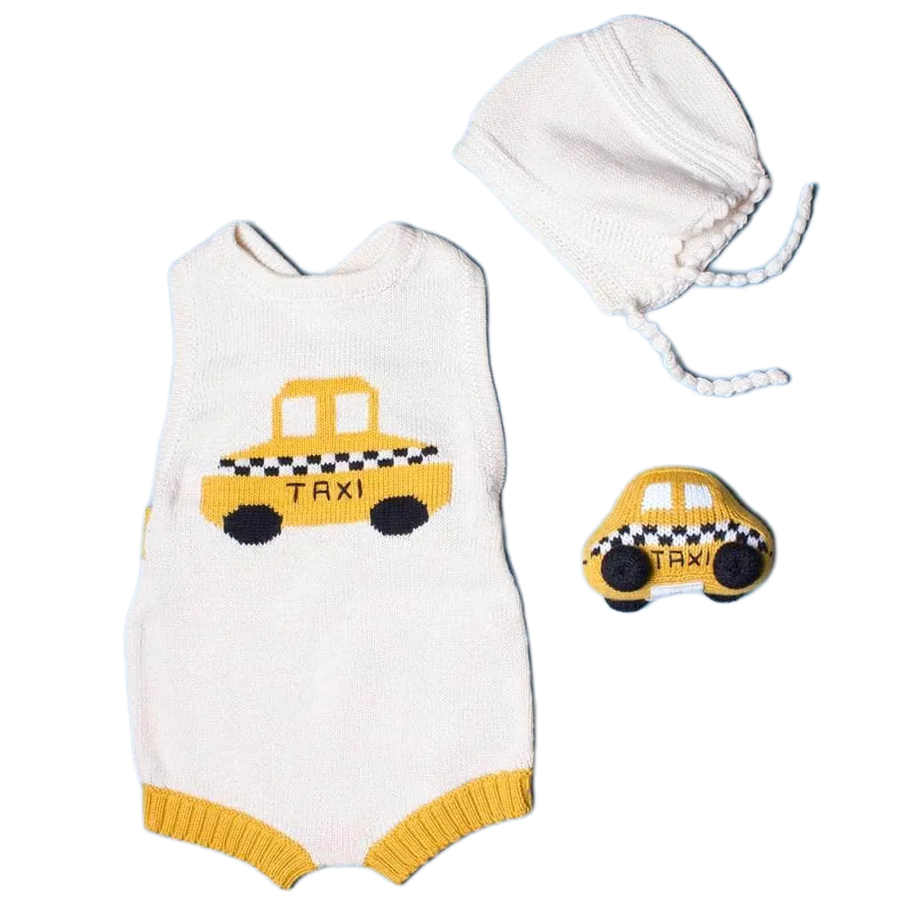 Baby Gift Set Knit Newborn Romper, Bonnet Hat & Taxi Rattle