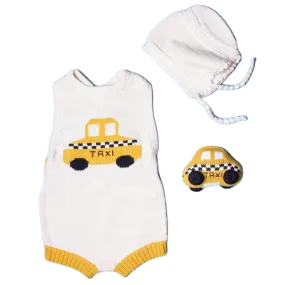 Baby Gift Set Knit Newborn Romper, Bonnet Hat & Taxi Rattle