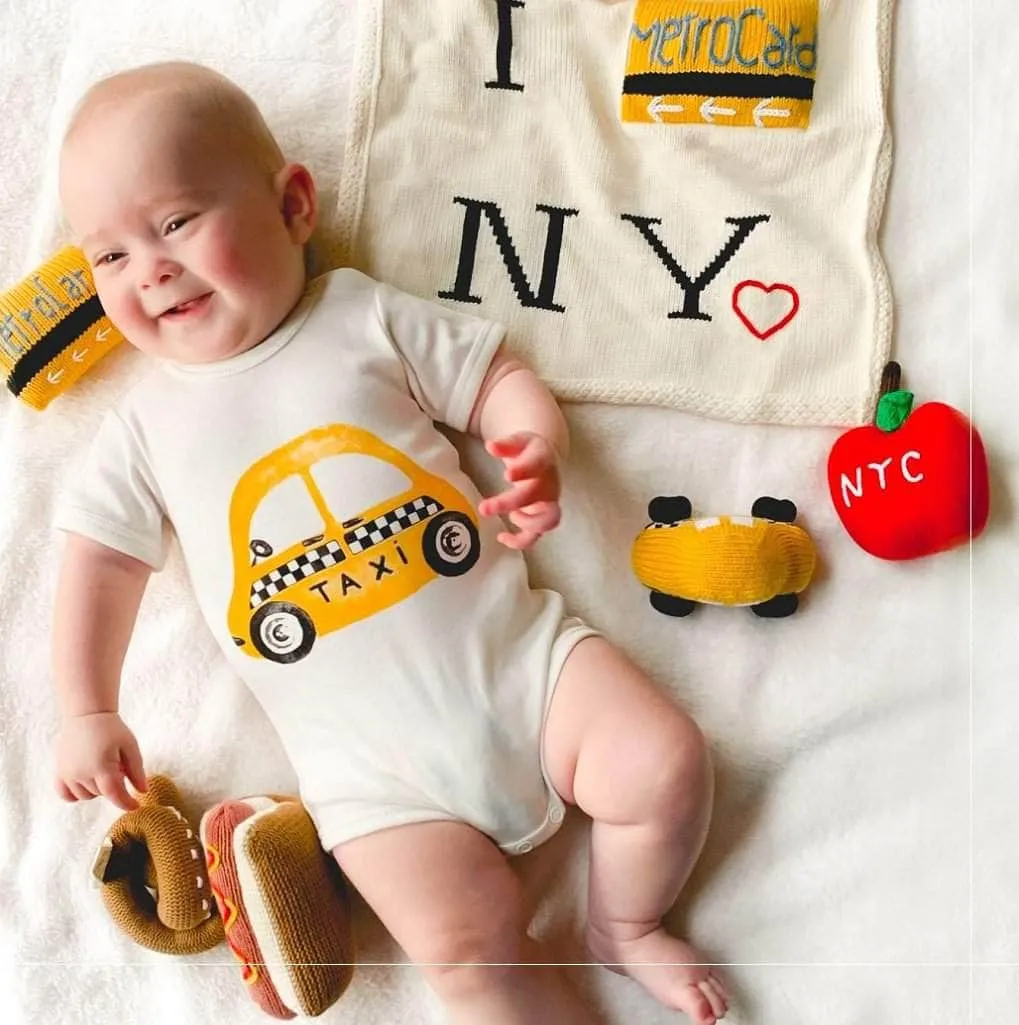 Baby Gift Set - Knit NYC Metro Card Blanket, Hat & Apple Rattle