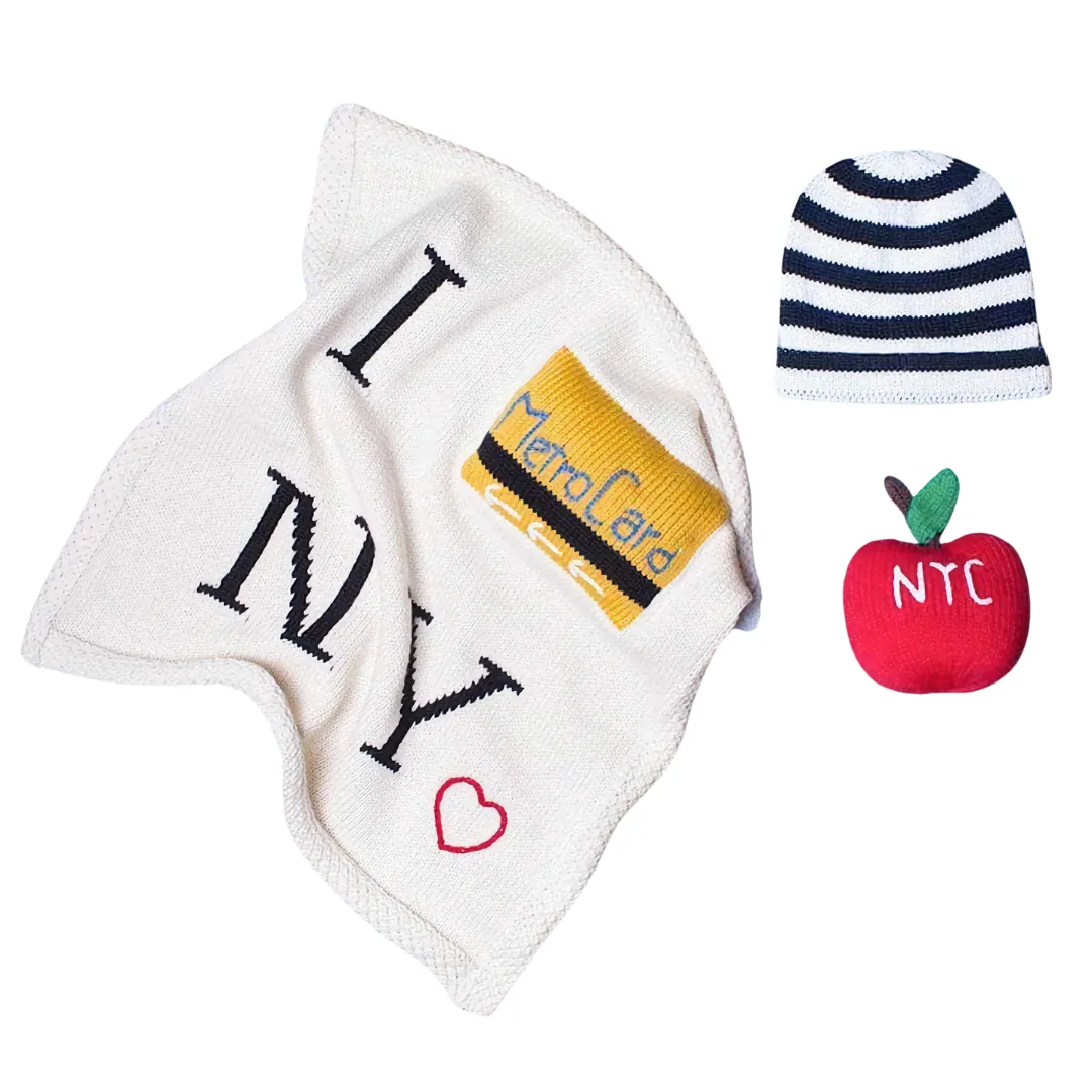 Baby Gift Set - Knit NYC Metro Card Blanket, Hat & Apple Rattle