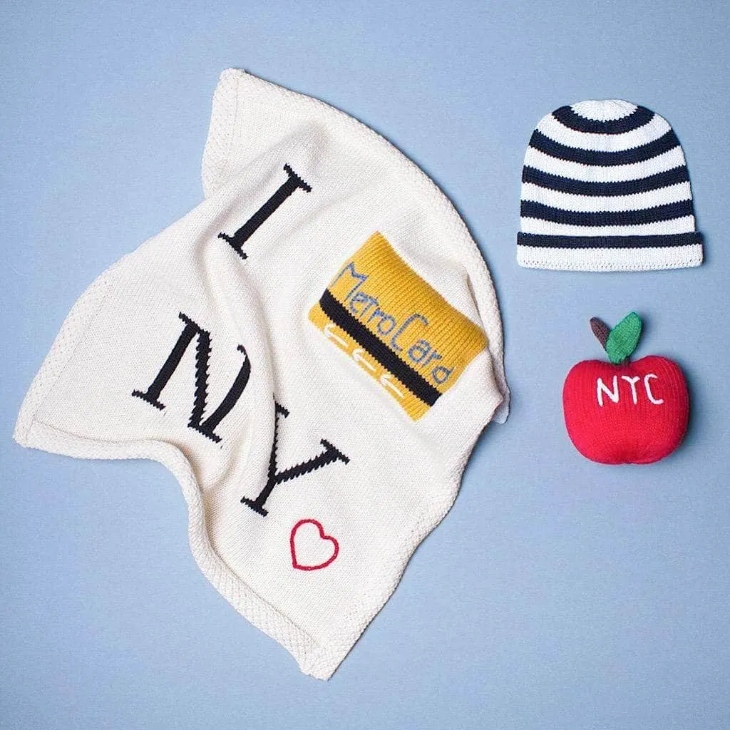 Baby Gift Set - Knit NYC Metro Card Blanket, Hat & Apple Rattle