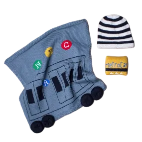 Baby Gift Set - Knit Security Blanket, Rattle, Hat, New York Train & Metro Card