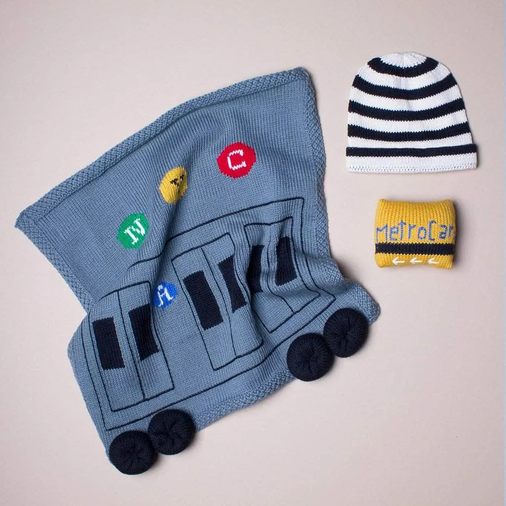 Baby Gift Set - Knit Security Blanket, Rattle, Hat, New York Train & Metro Card