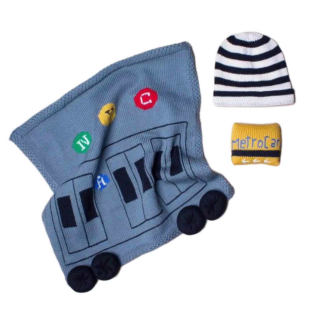 Baby Gift Set - Knit Security Blanket, Rattle, Hat, New York Train & Metro Card