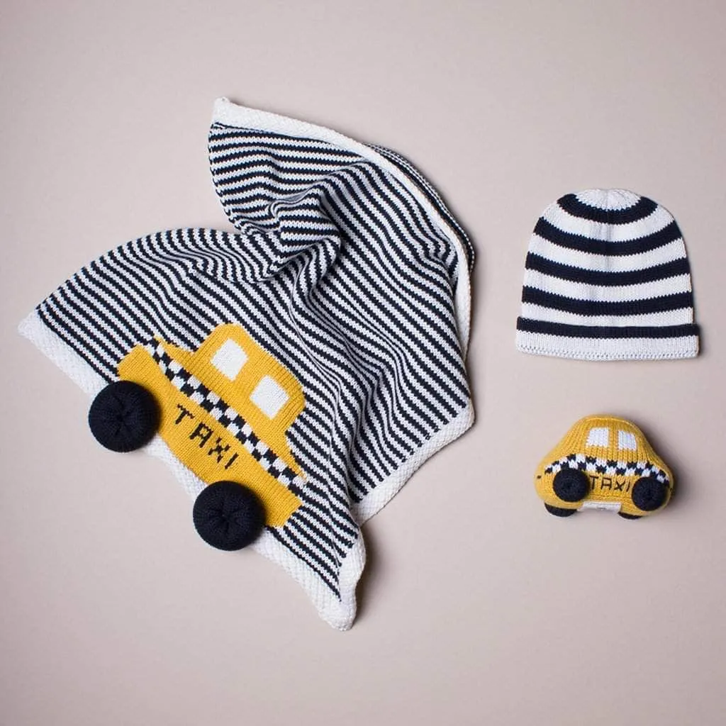 Baby Gift Set - NYC Taxi Lovey Blanket, Knit Rattle & Hat