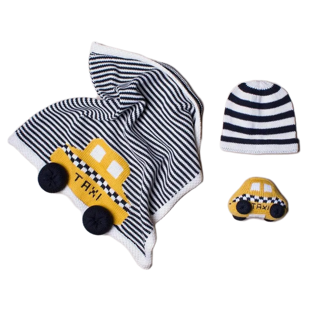 Baby Gift Set - NYC Taxi Lovey Blanket, Knit Rattle & Hat