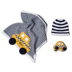 Baby Gift Set - NYC Taxi Lovey Blanket, Knit Rattle & Hat