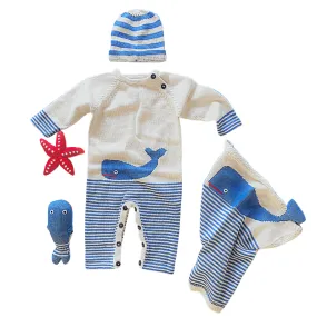 Baby Gift Set - Whale Knit Romper, Lovey, Hat & Toys