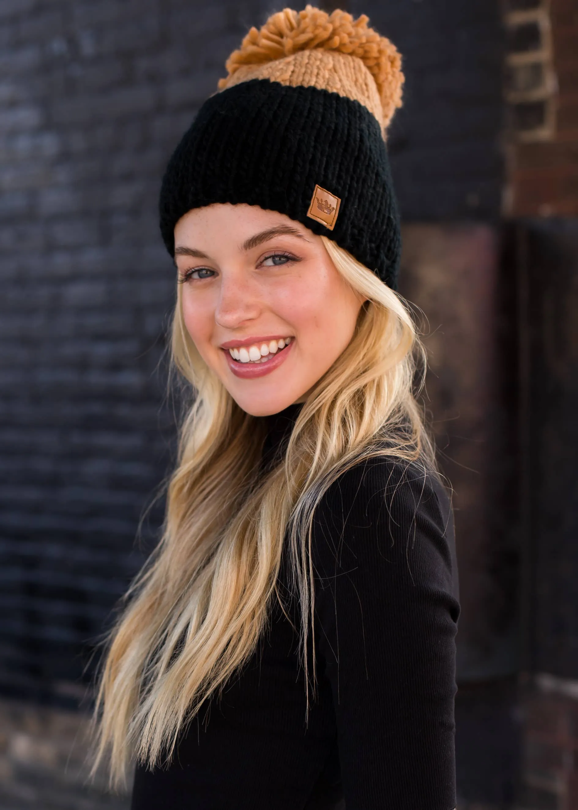 Black & Camel Color Block Pom Hat