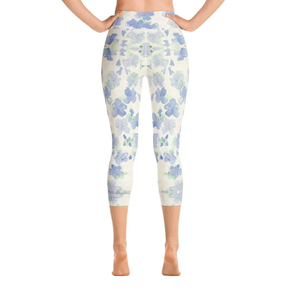 Blu&White Watercolor Floral Yoga Capri Leggings