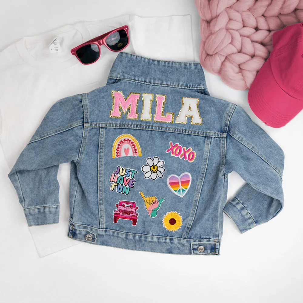 (Blue Denim) Custom Letter Patch Kids Denim Jacket