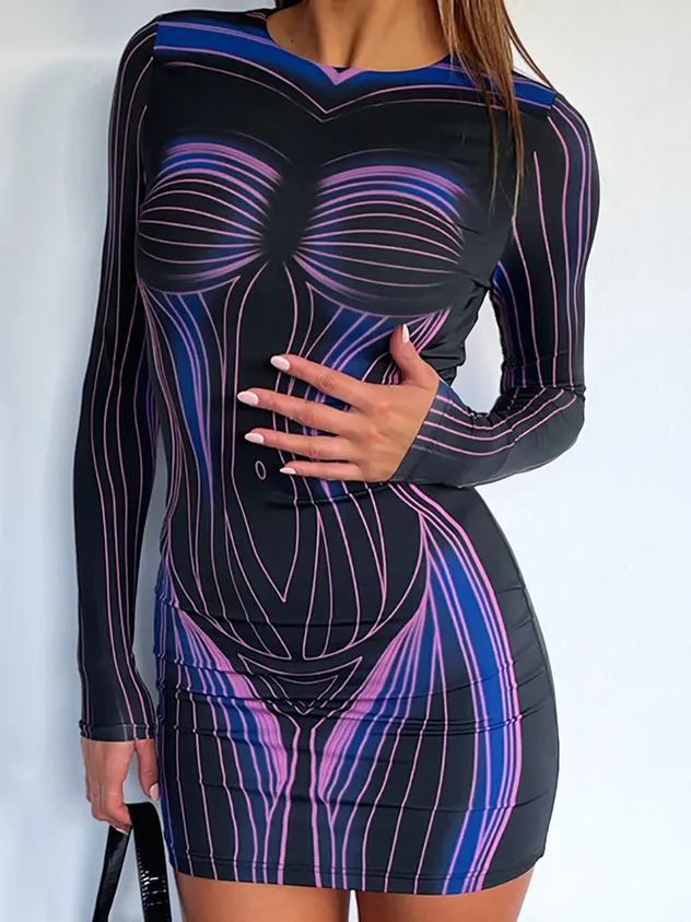 Body Print Crew Neck Plain Long Sleeve Short Dress