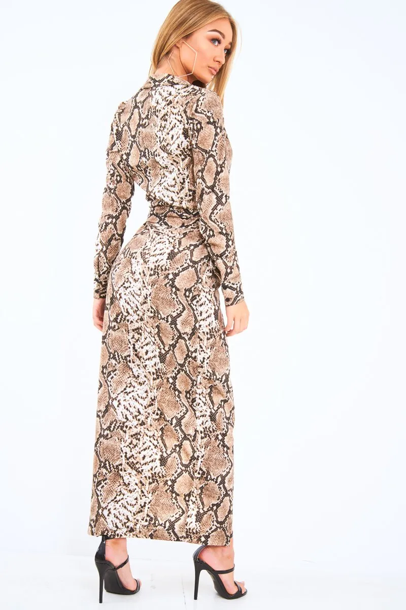 Brown Snake Print Plunge Wrap Front Maxi Dress - Beni