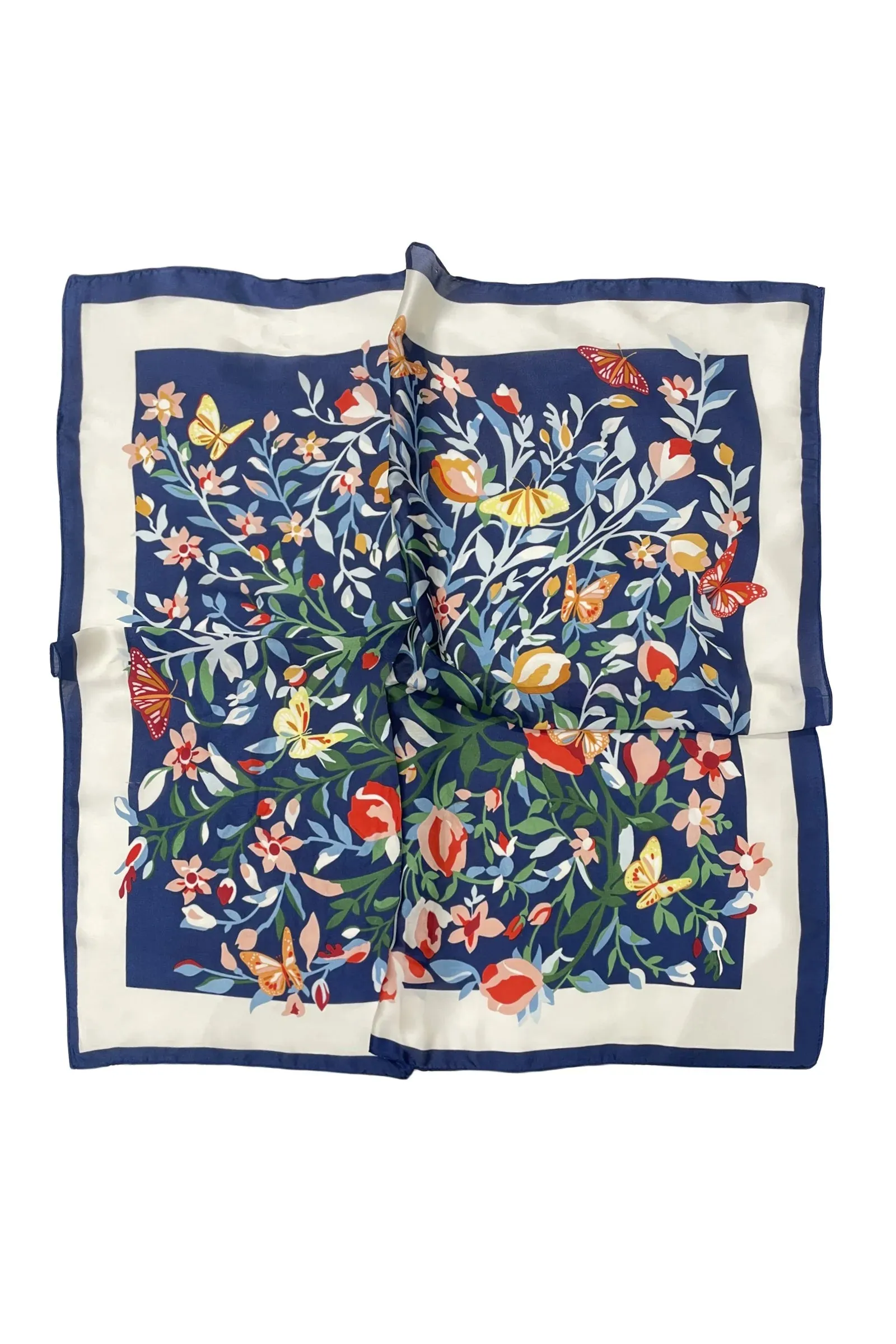 Butterfly Floral Border Print Square Scarf - Navy