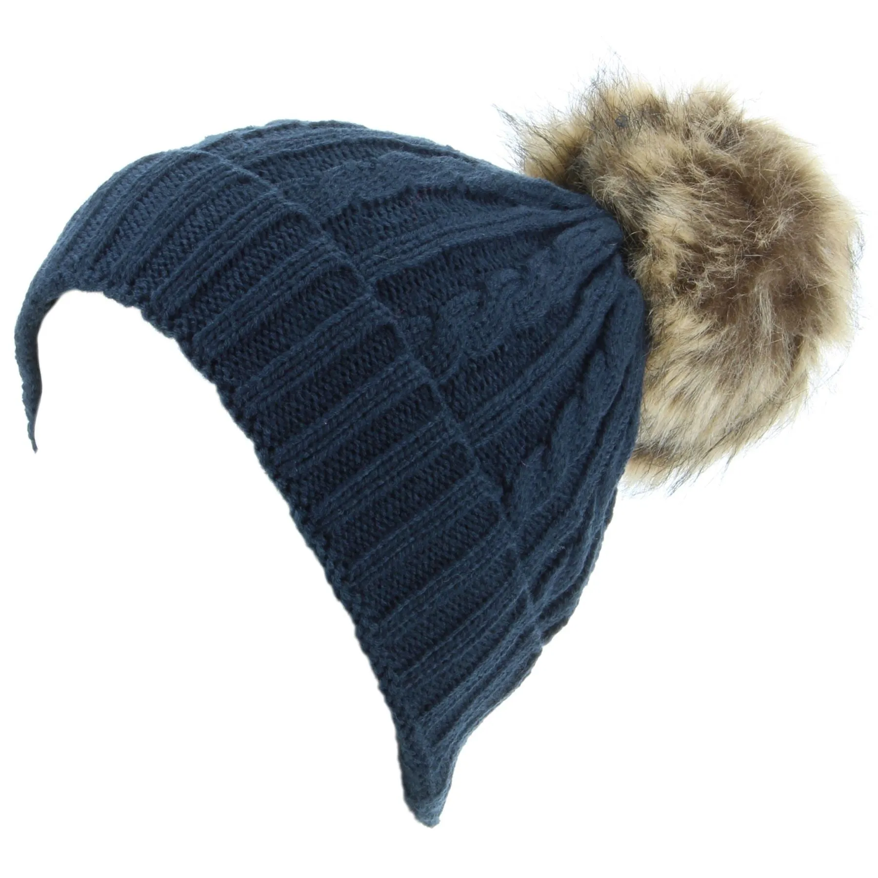 Cable Knit Beanie Hat with Faux Fur Bobble - Navy