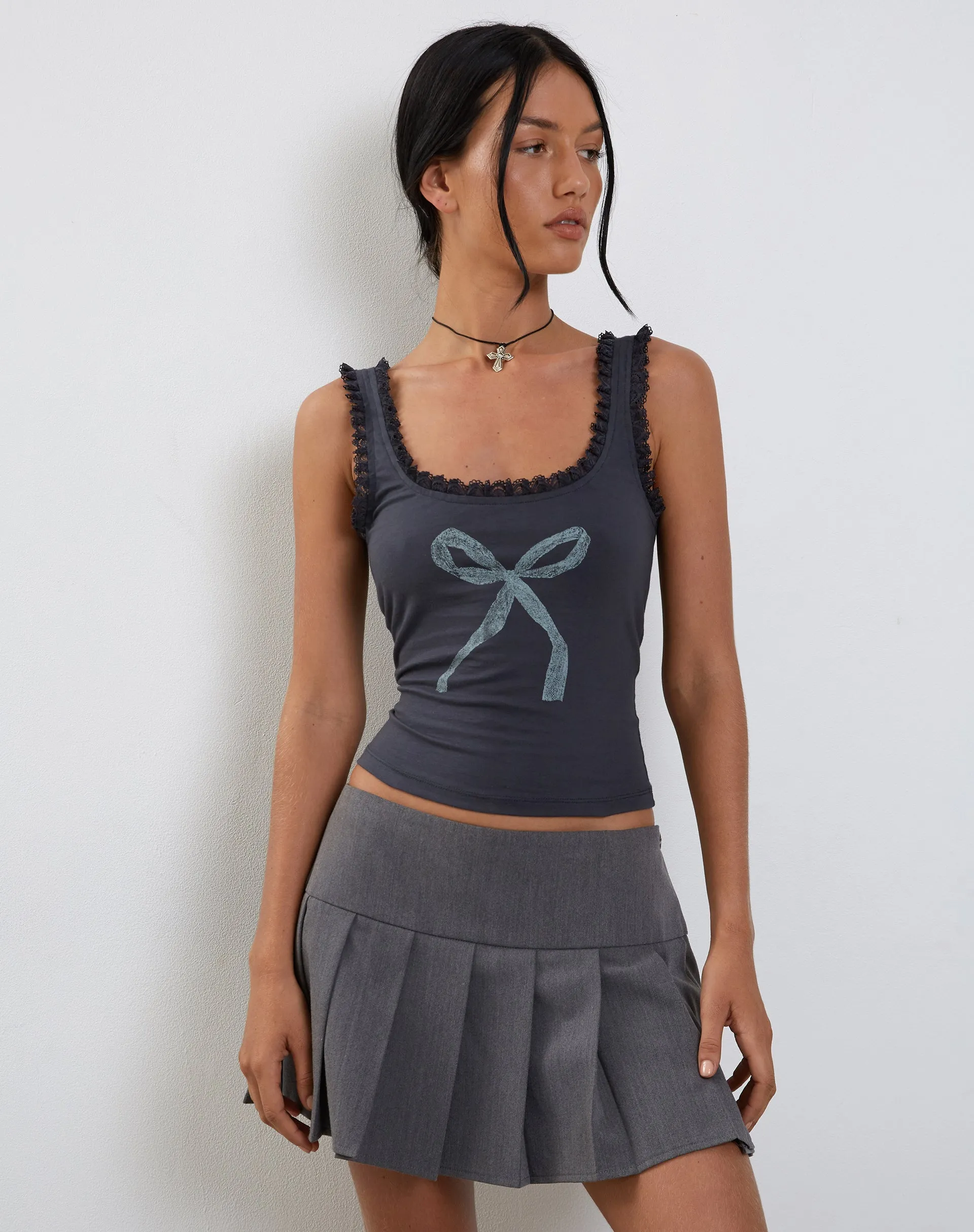 Carillo Lace Trim Vest Top in Ocean Storm Bow Print