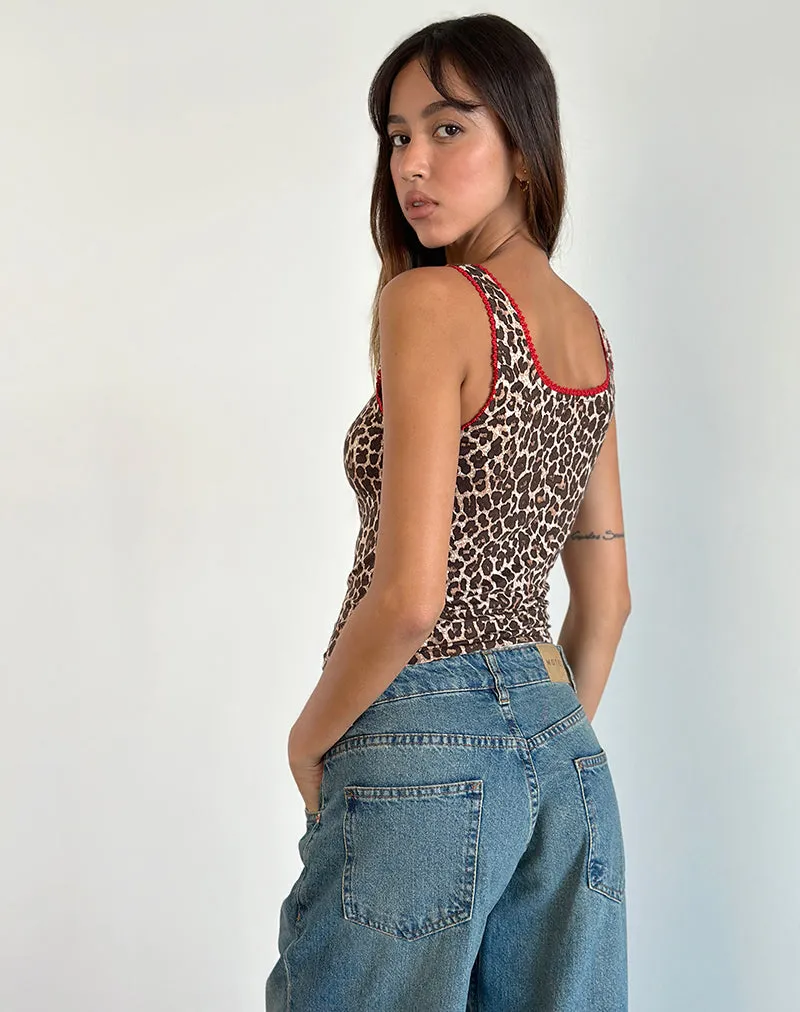 Carillo Vest Top in Rar Leopard Sandstorm with Red Trim