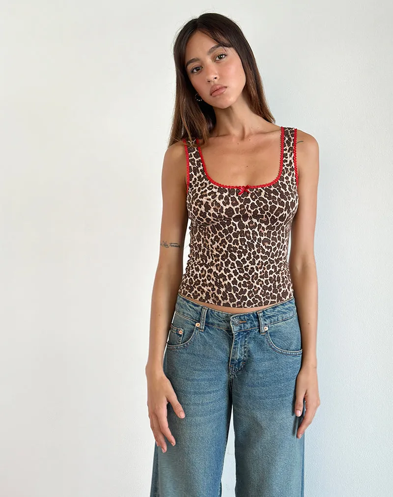 Carillo Vest Top in Rar Leopard Sandstorm with Red Trim