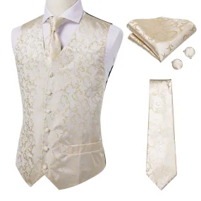 Champagne Golden Floral Silk Men's Vest Hanky Cufflinks Tie Set Waistcoat Suit Set