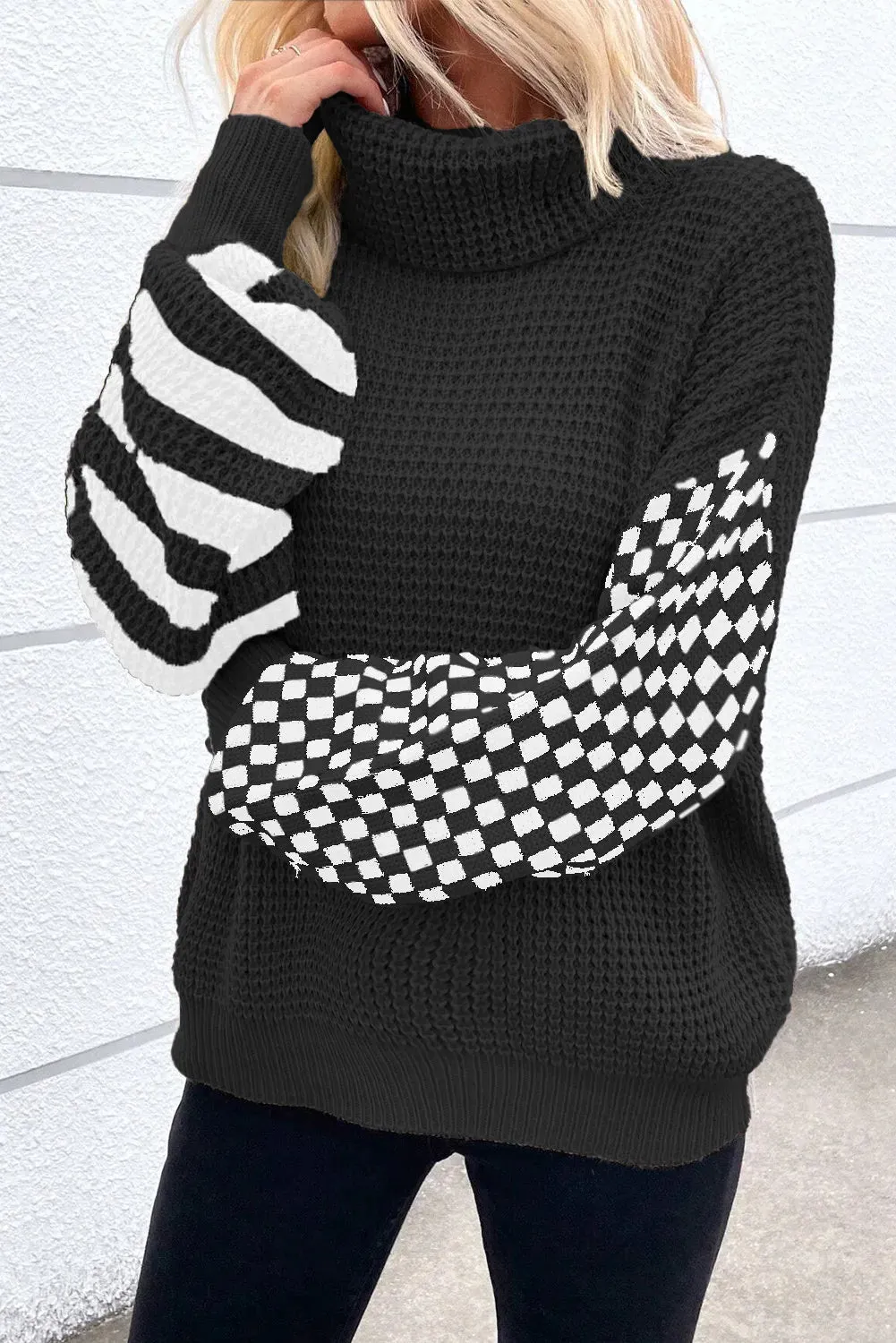 Checkered Striped Turtleneck Long Sleeve Sweater - 2 Colors