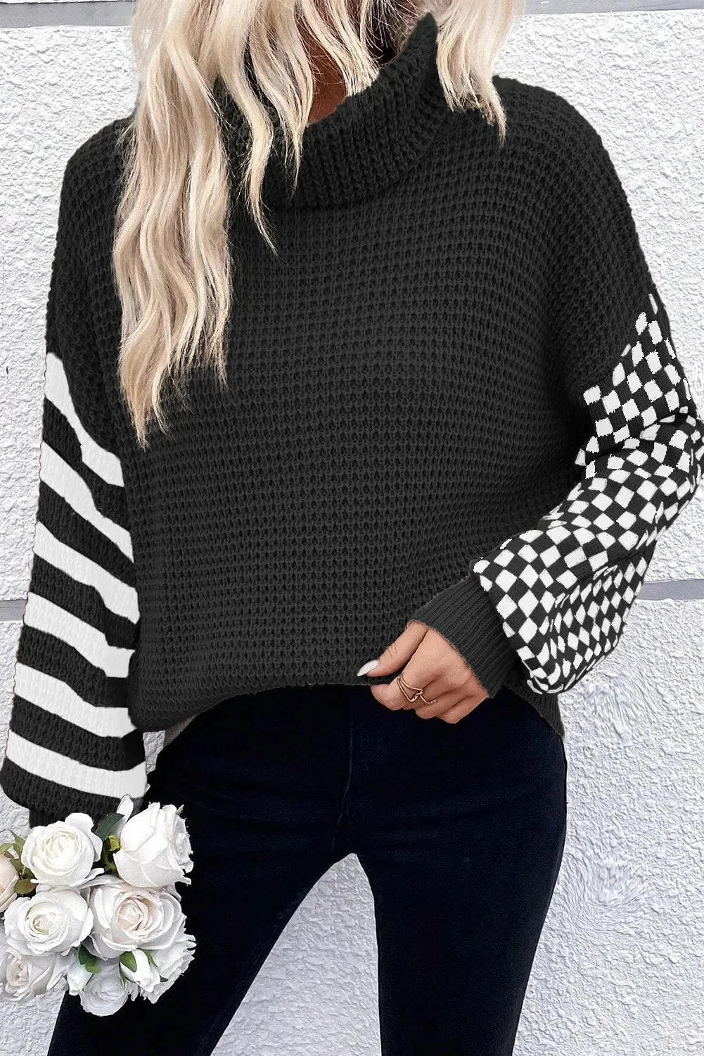 Checkered Striped Turtleneck Long Sleeve Sweater - 2 Colors