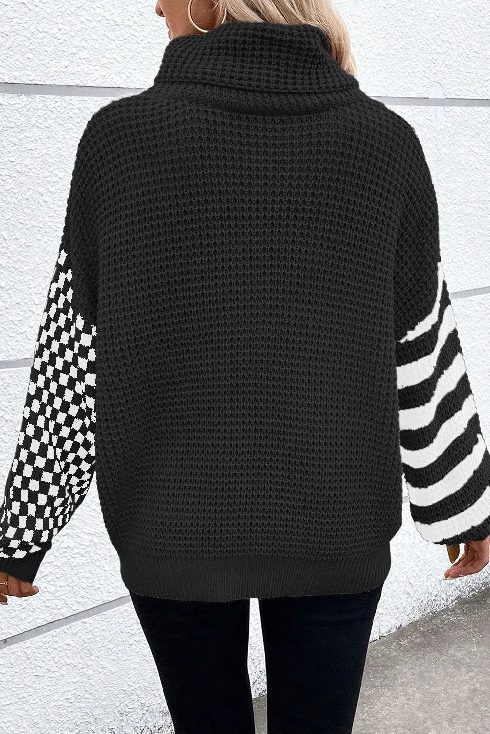 Checkered Striped Turtleneck Long Sleeve Sweater - 2 Colors