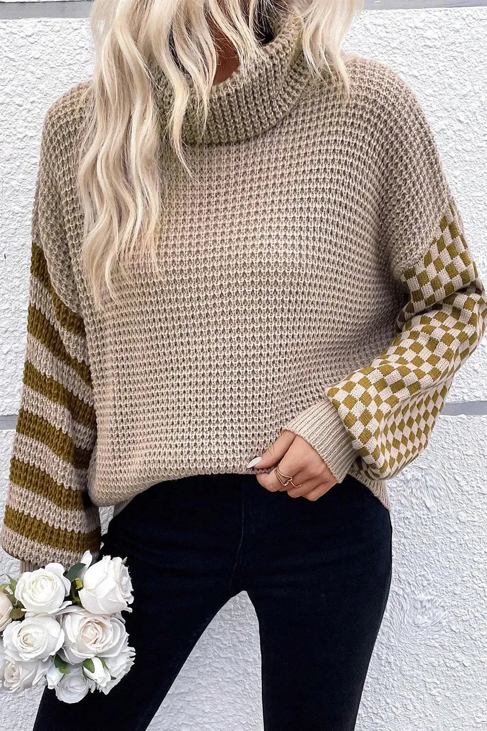 Checkered Striped Turtleneck Long Sleeve Sweater - 2 Colors