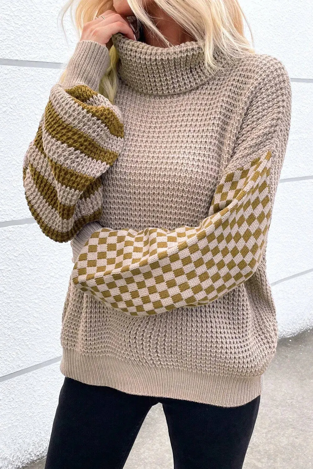 Checkered Striped Turtleneck Long Sleeve Sweater - 2 Colors