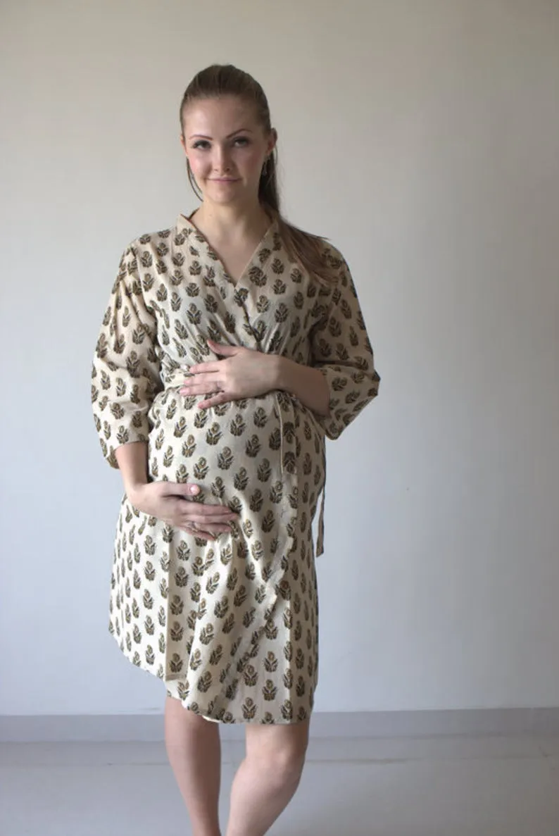 Cream Gold Paisley Motif Hand Block Organic Cotton Maternity Robe