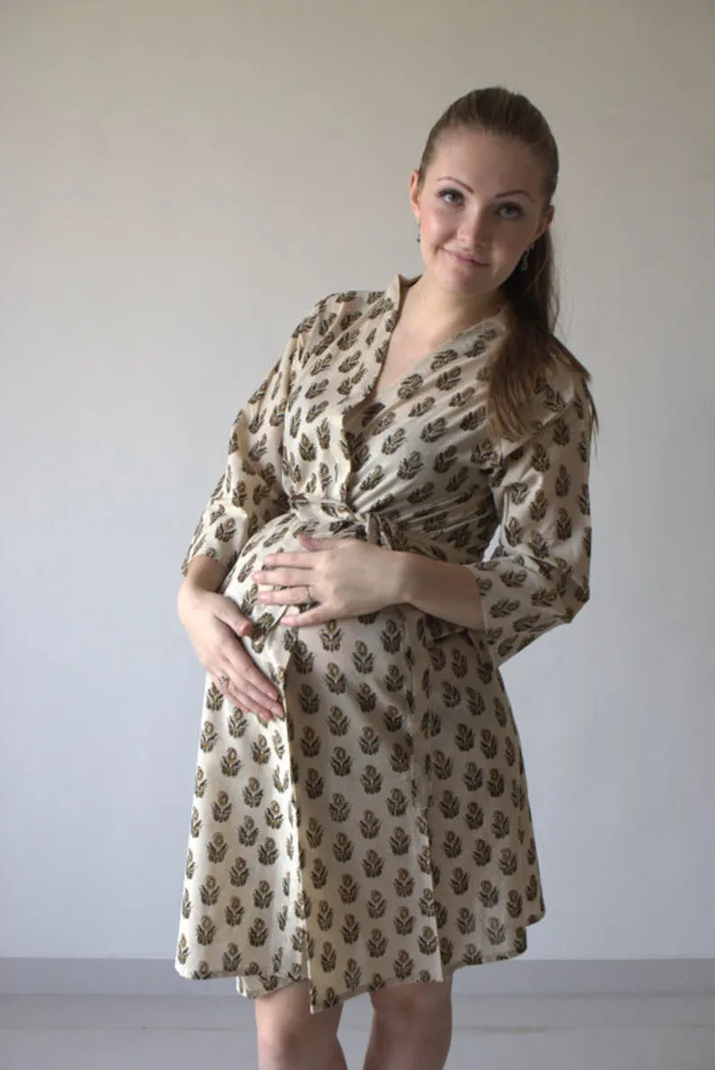 Cream Gold Paisley Motif Hand Block Organic Cotton Maternity Robe