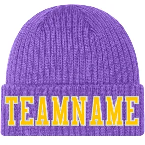 Custom Purple Gold-White Stitched Cuffed Knit Hat