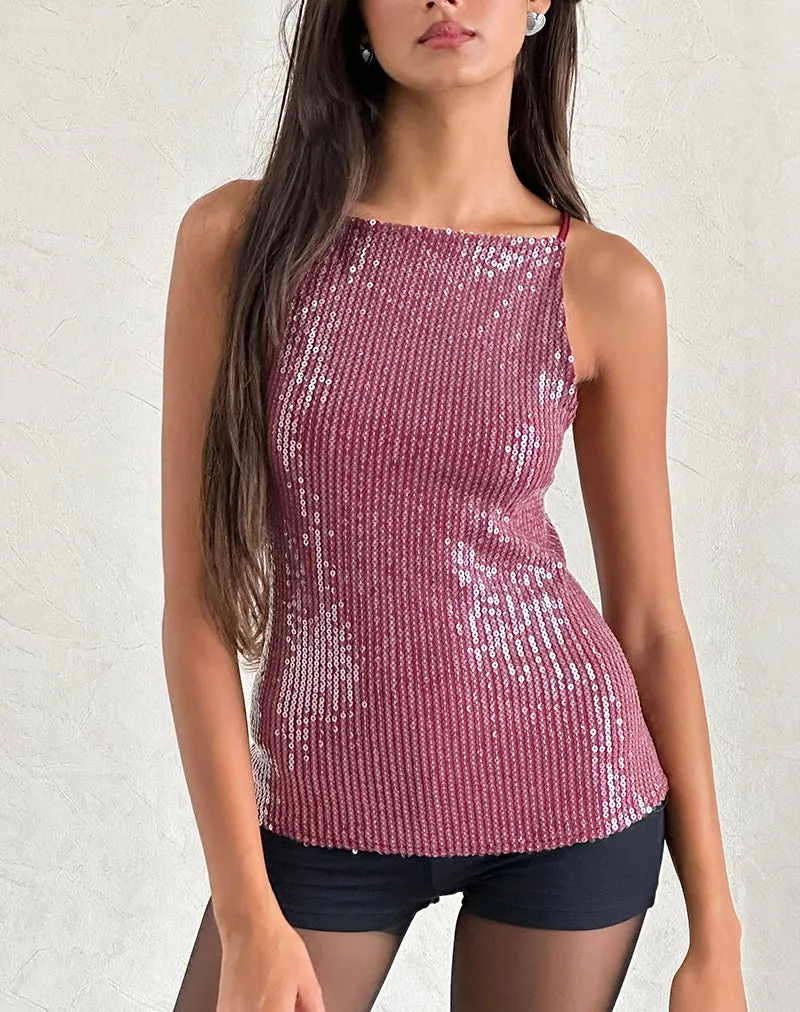 Damske Vest Top in Clear Sequin Maroon