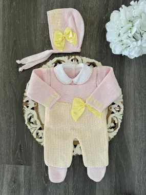 Delicate Knit Dot Line With Side Satin Bow Baby Set in Pink and Yellow