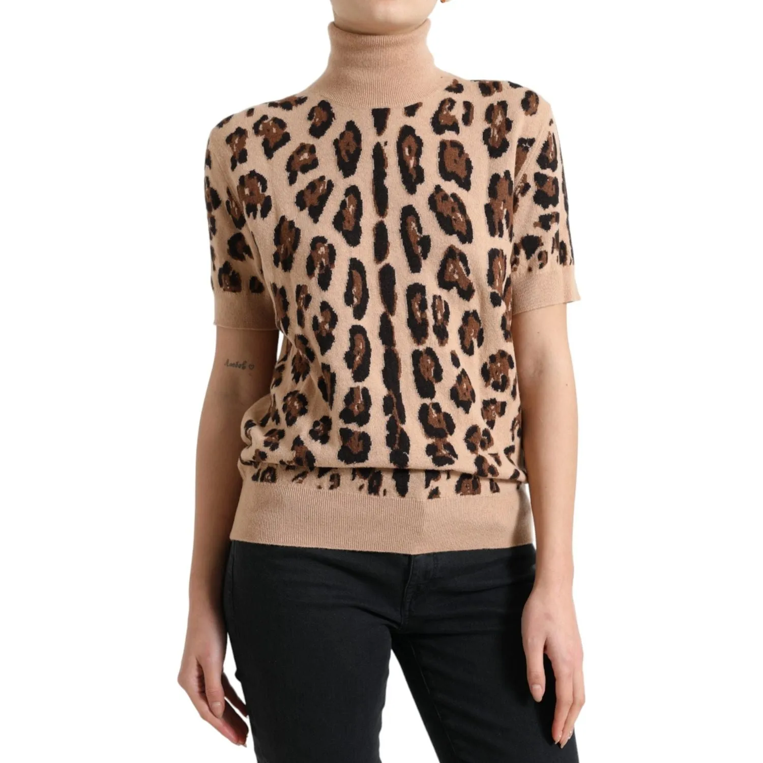 Dolce & Gabbana Elegant Beige Leopard Turtleneck Wool Top