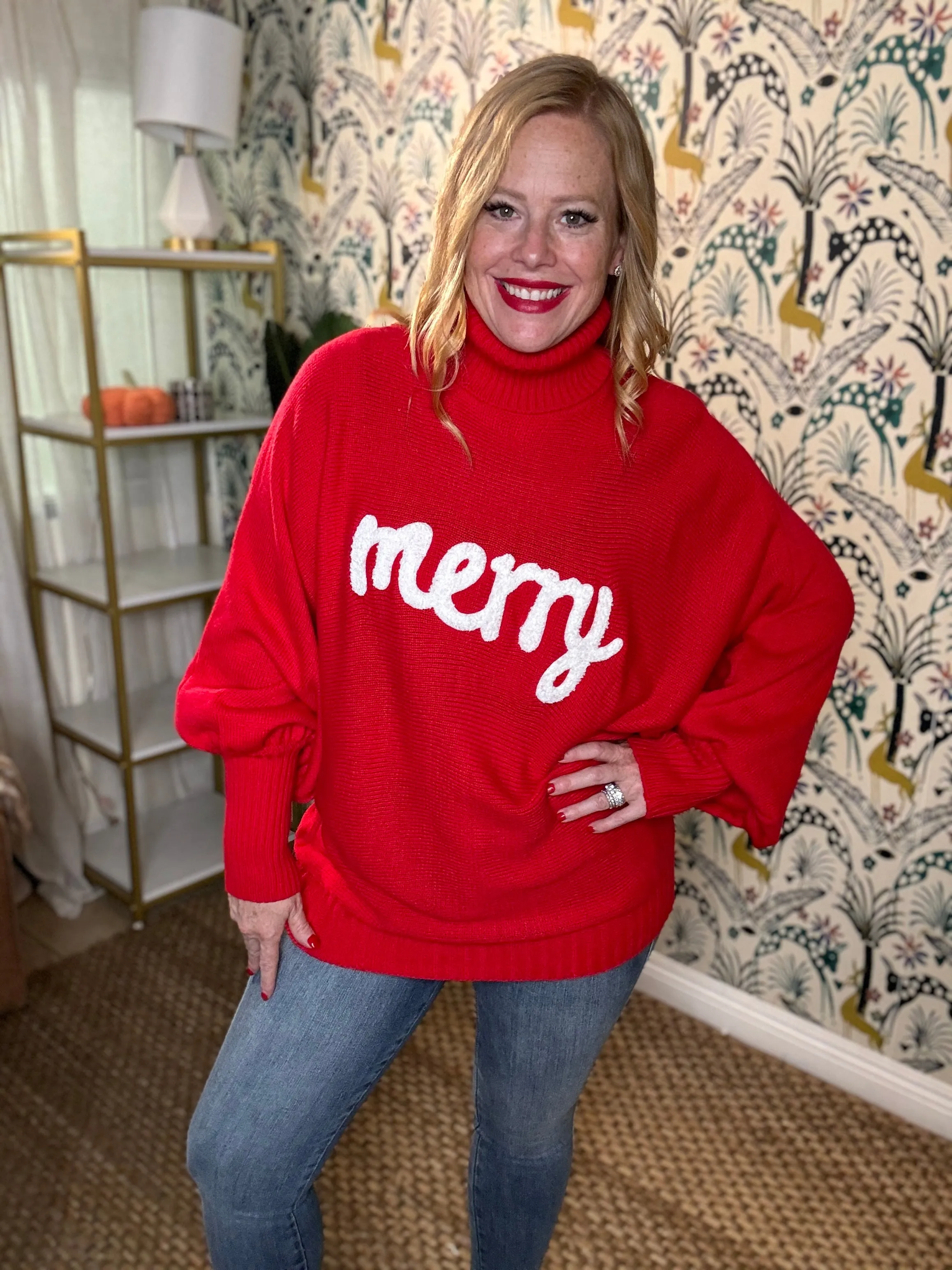 Double Take Full Size Merry Christmas Turtleneck Long Sleeve Sweater