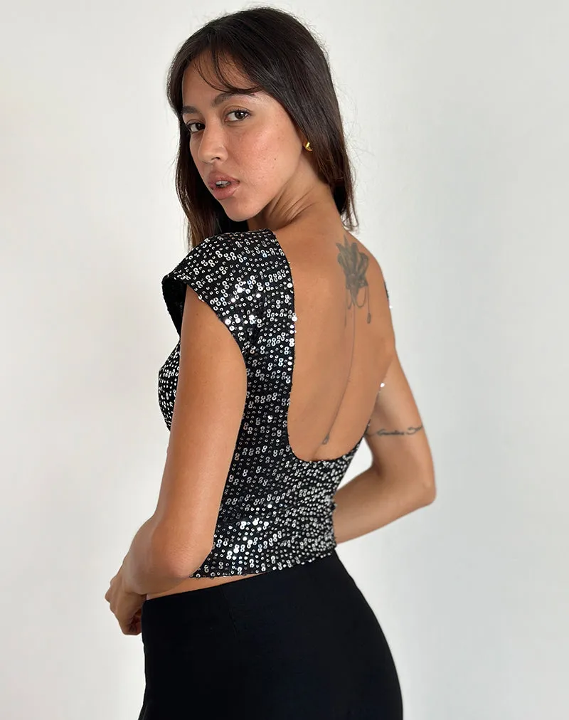 Erika Backless Top in Black Gauzy Sequin