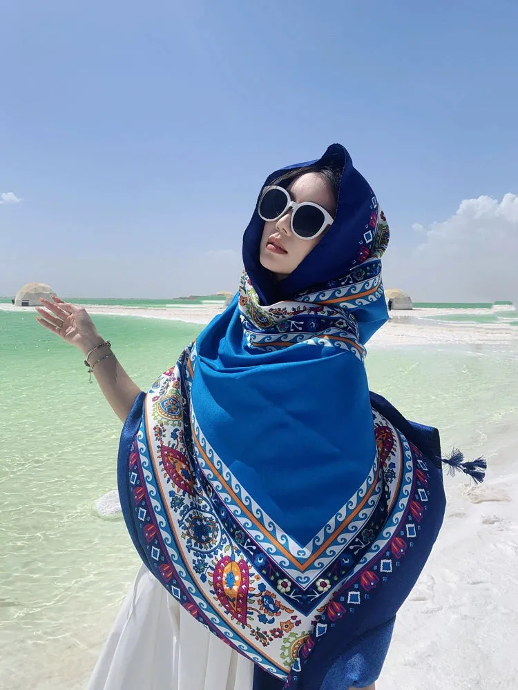 Ethnic Style Shawl Blue Seaside Beach Towel Thin Silk Scarf