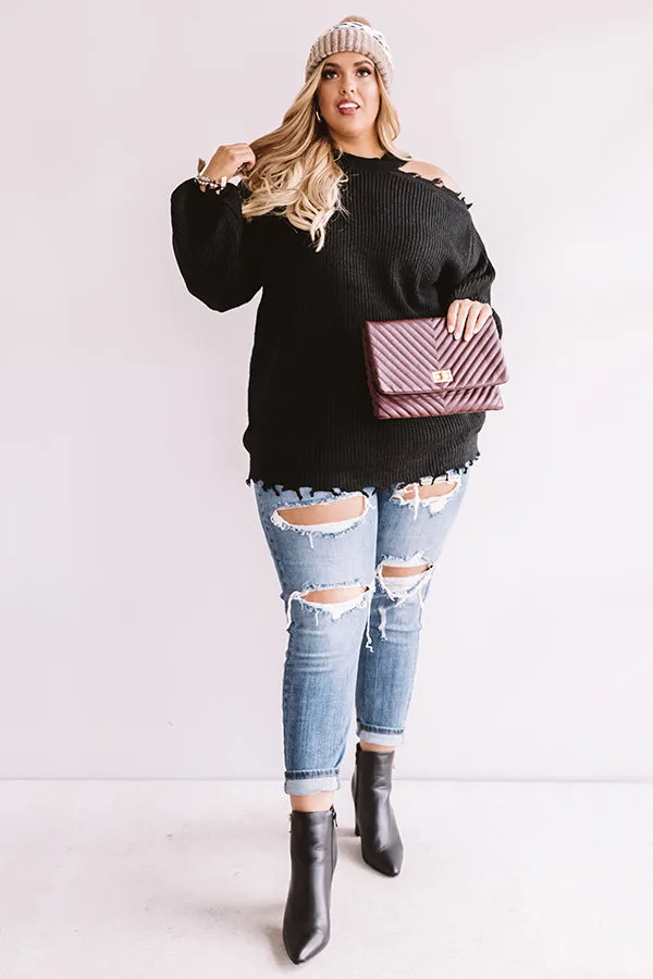 Feels Like Fall Distressed Sweater In Black Curves