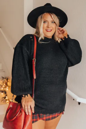 Feels Like Fall Distressed Sweater In Black Curves