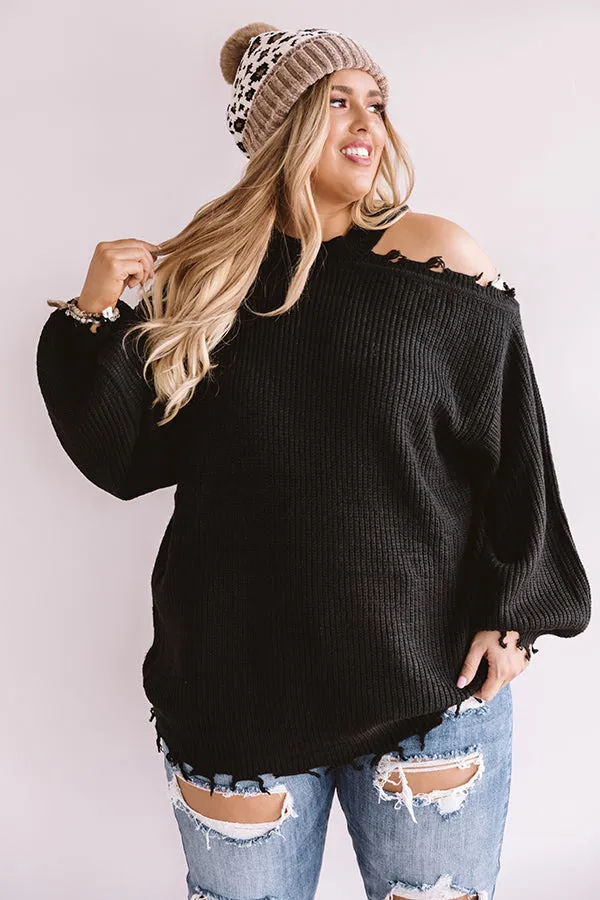 Feels Like Fall Distressed Sweater In Black Curves