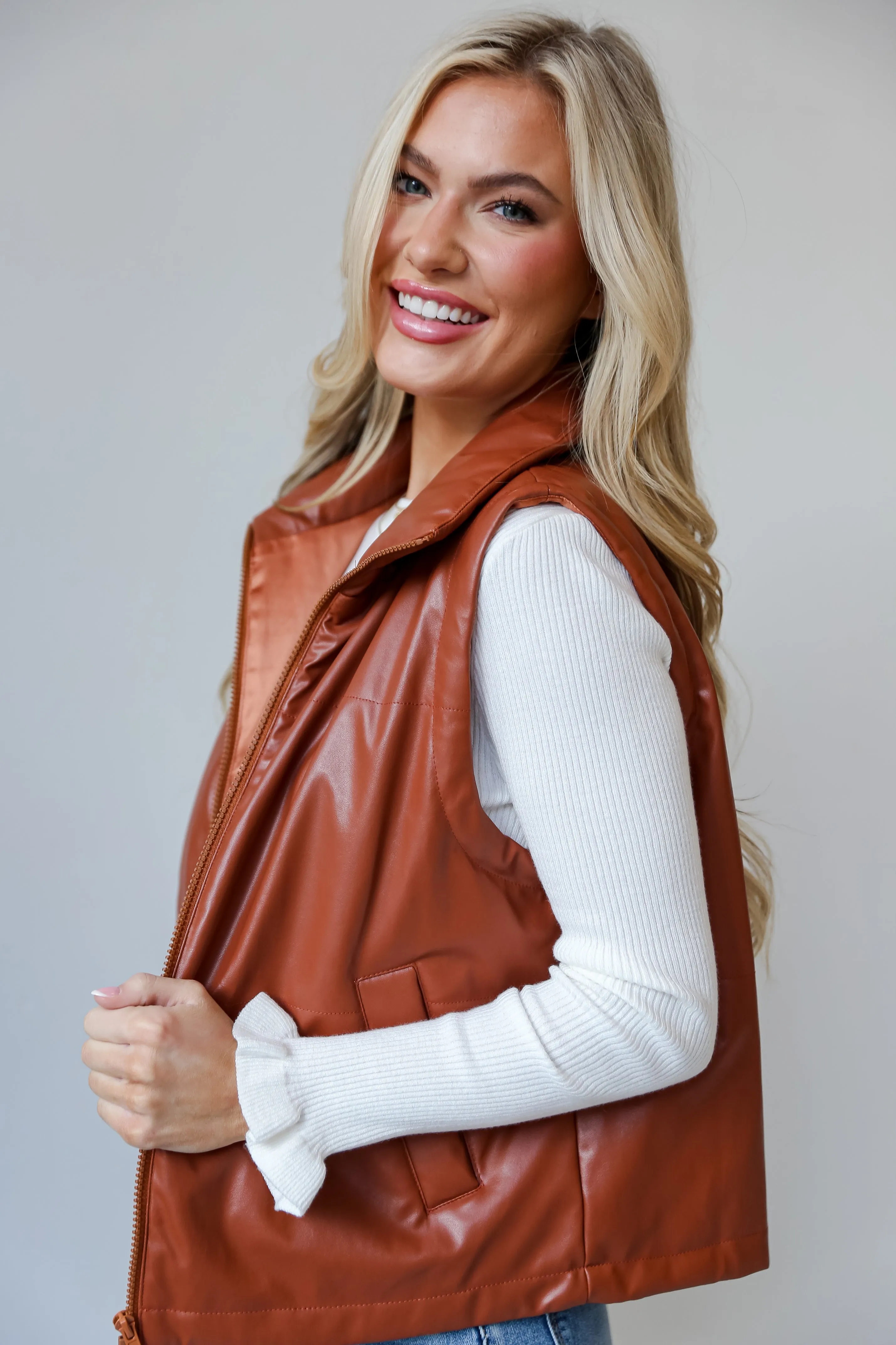 FINAL SALE - Coolest Demeanor Camel Leather Puffer Vest