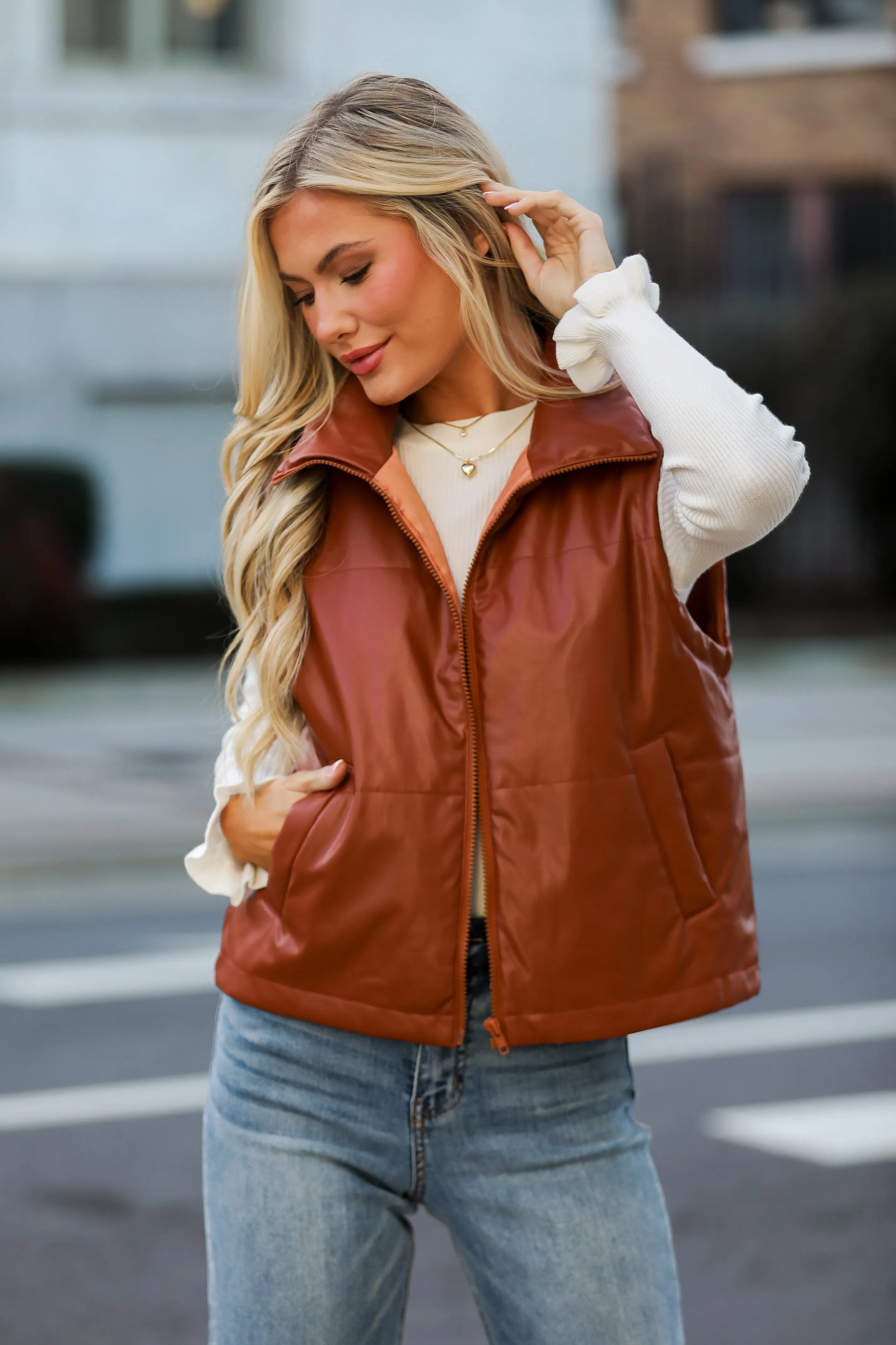 FINAL SALE - Coolest Demeanor Camel Leather Puffer Vest