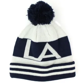 Fine knit striped bobble beanie hat with turn up - Navy LA