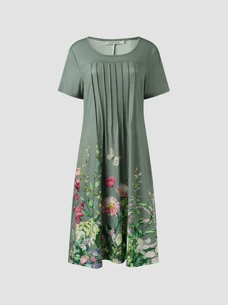 Floral A-Line Short Sleeve Crew Neck Dresses