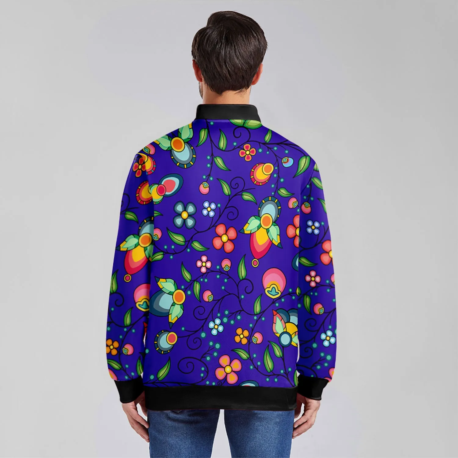 Floral Bounty Blue Zippered Collared Lightweight Jacket